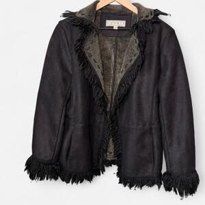 Black Faux Fur Lined Fringe Sweater Jacket Size M